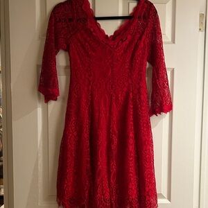 Chic Scarlet Lace Dress with Long Sleeves